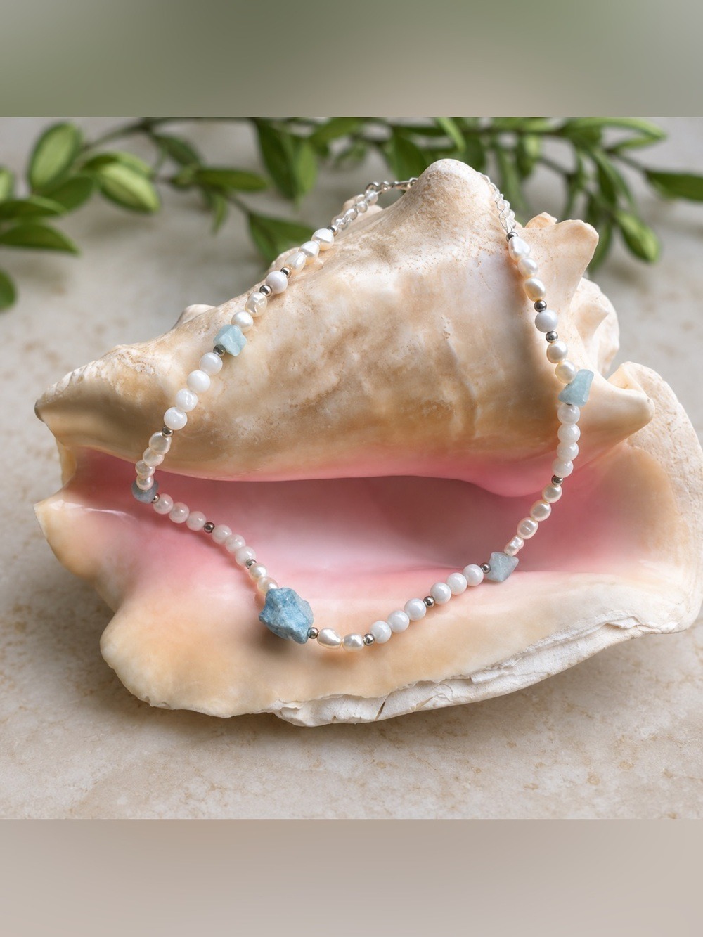Handcrafted Raw Aquamarine, White Moonstone & Pearl Choker • Artisan Necklace